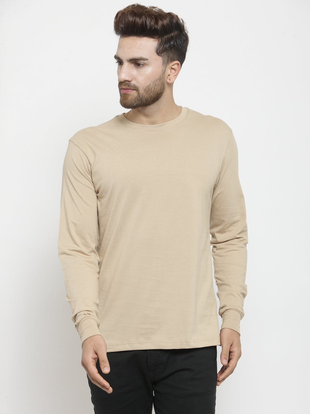 Men Solid Round Neck with rib Full Sleeve T-shirt - Friskers